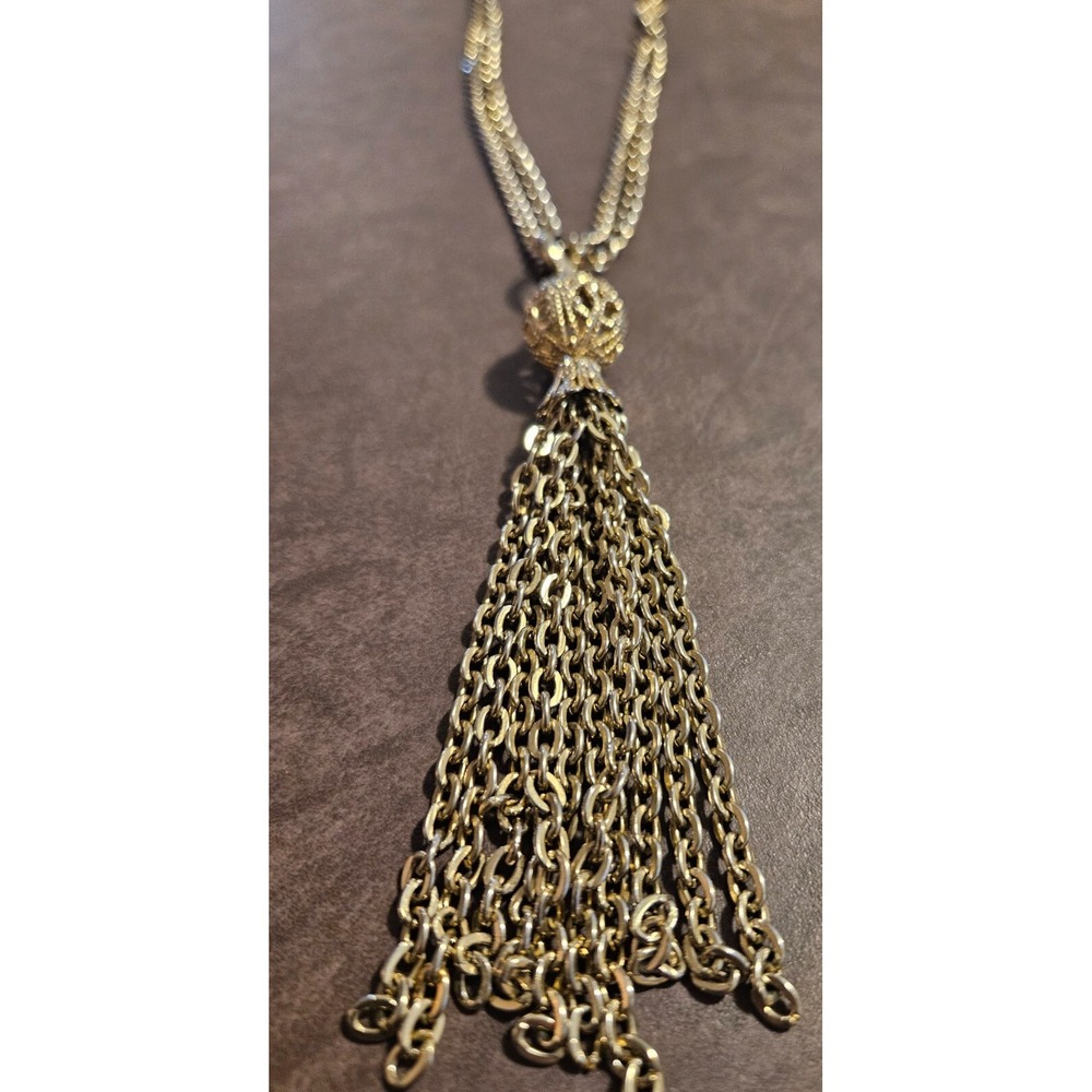 VTG Tassel Pendant Necklace Gold Chain Long Layered Statement Fashion Jewelry